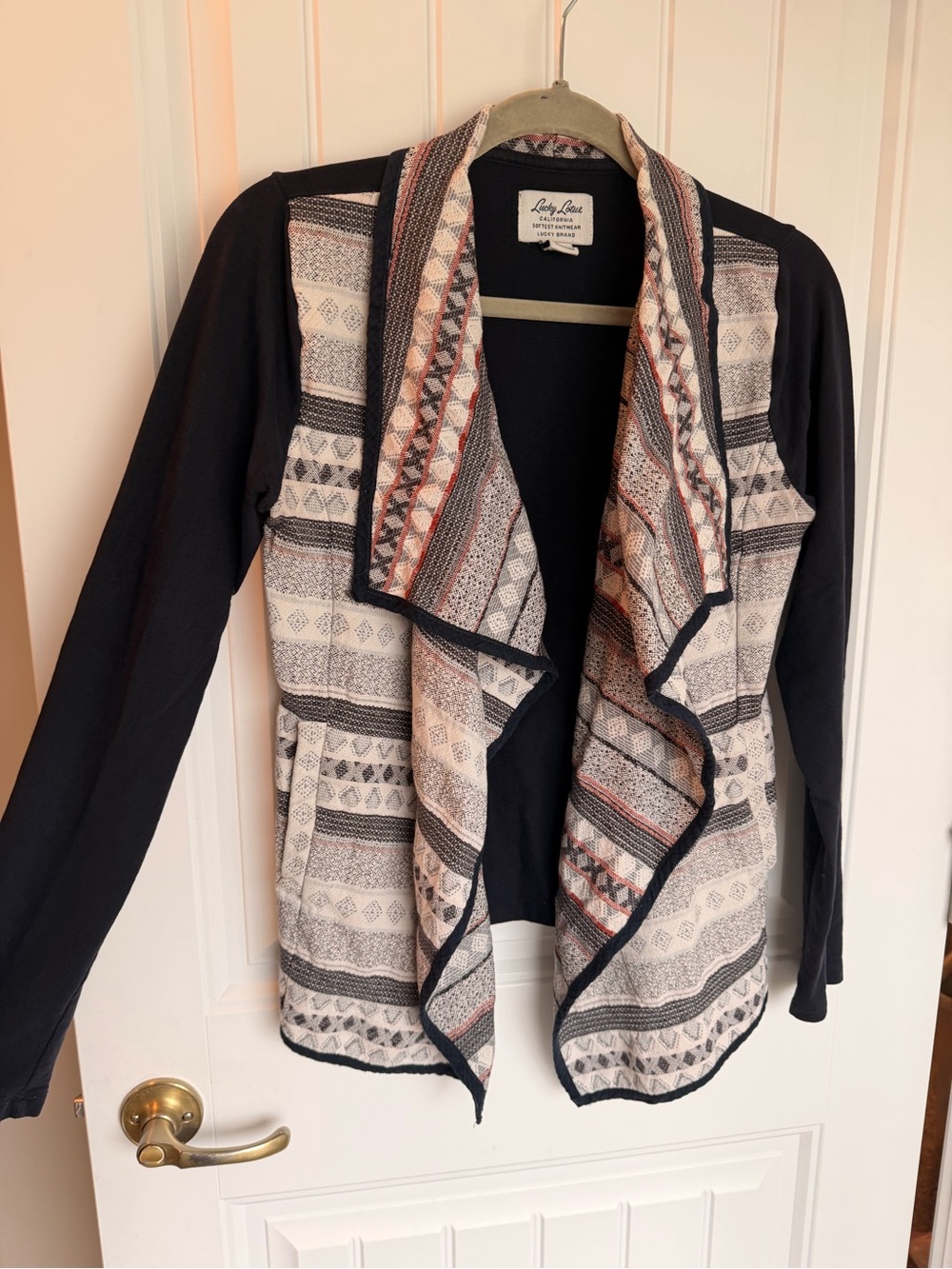 Lucky Brand dark blue Sleeve Open-Front Cardigan with Patterned Draped Front